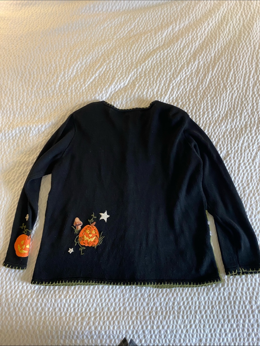 Halloween Pumpkin & Black Cat Embroidered Cardigan Sweater - Black/Olive - Picture 9 of 13
